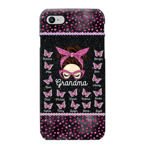 Personalized Grandma Nana Mom Aunt Pink Glam Glitter Buttterfly & Kid's Name Phonecase Printed PNDT2003