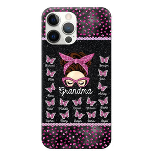 Personalized Grandma Nana Mom Aunt Pink Glam Glitter Buttterfly & Kid's Name Phonecase Printed PNDT2003