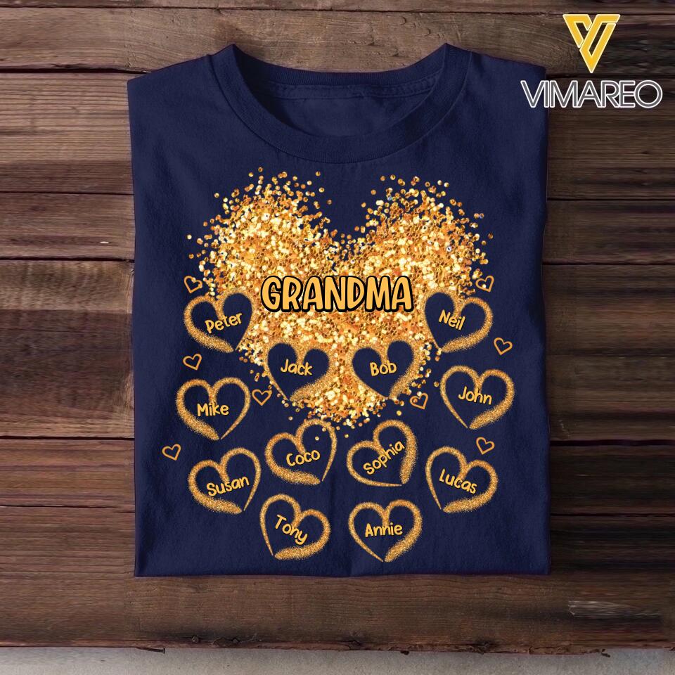 Personalized Grandma Sweetheart Golden Glam Glitters & Kid Name Heart Tshirt Printed 23MAR-HQ20