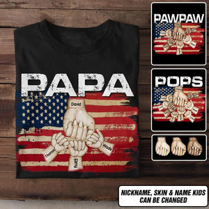 Personalized Papa Grandpa Pops Pawpaw Kid Name Hand US Flag Tshirt Printed 23APR-DT01