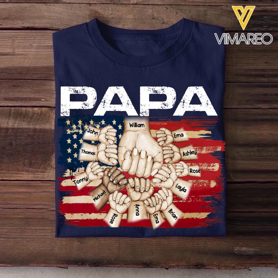 Personalized Papa Grandpa Pops Pawpaw Kid Name Hand US Flag Tshirt Printed 23APR-DT01