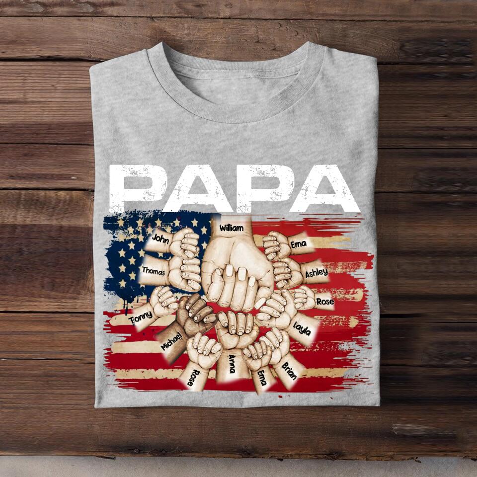 Personalized Papa Grandpa Pops Pawpaw Kid Name Hand US Flag Tshirt Printed 23APR-DT01