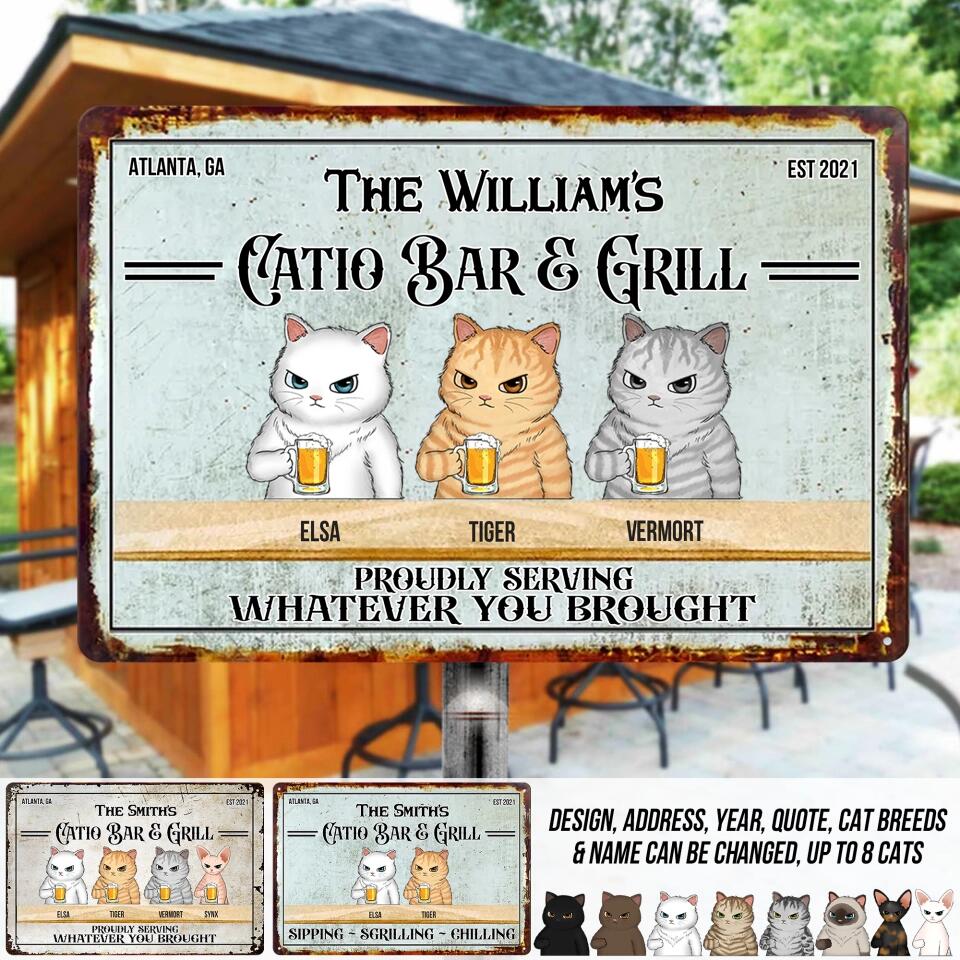 Personalized The William's Catio Bar & Grill Sipping - Sgrilling - Chilling Cats & Name Metal Sign Printed 23APR-DT03