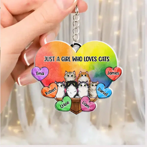 Personalized Just A Girl Who Loves Cats Colorful Heart & Cat Name Acrylic Keychain Cat Lovers Gift Printed PNHQ1404