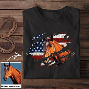 Personalized Upload Your Horse Photo US Flag Tshirt Printed 23APR-PTN19