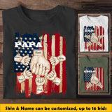 Personalized Papa US Flag Background Hands With Kid Name Printed Tshirts 23APR-BQT20