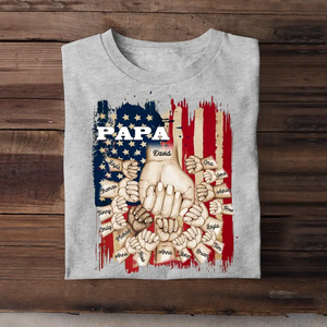 Personalized Papa US Flag Background Hands With Kid Name Printed Tshirts 23APR-BQT20