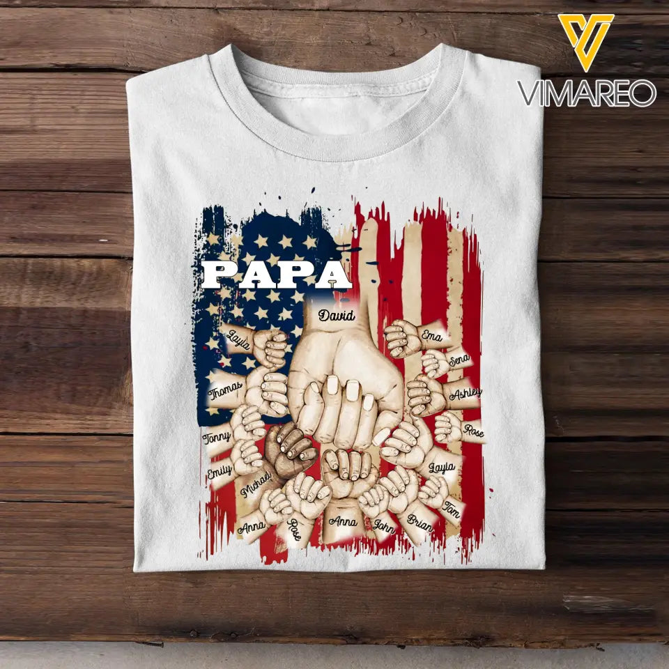 Personalized Papa US Flag Background Hands With Kid Name Printed Tshirts 23APR-BQT20