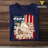 Personalized Papa US Flag Background Hands With Kid Name Printed Tshirts 23APR-BQT20