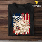 Personalized Papa US Flag Background Hands With Kid Name Printed Tshirts 23APR-BQT20