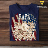 Personalized Papa US Flag Background Hands With Kid Name Printed Tshirts 23APR-TB20