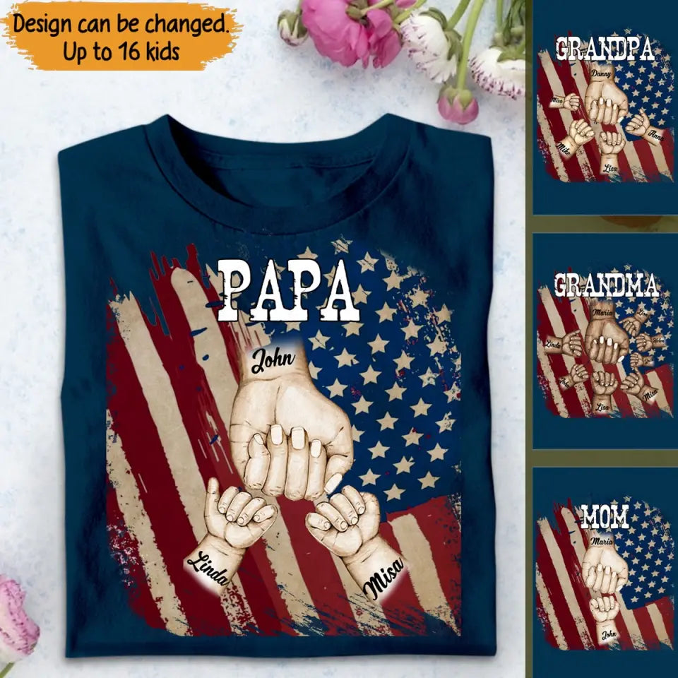 Personalized Papa US Flag Background Hands With Kid Name Printed Tshirts 23APR-TB20