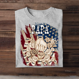 Personalized Papa US Flag Background Hands With Kid Name Printed Tshirts 23APR-TB20