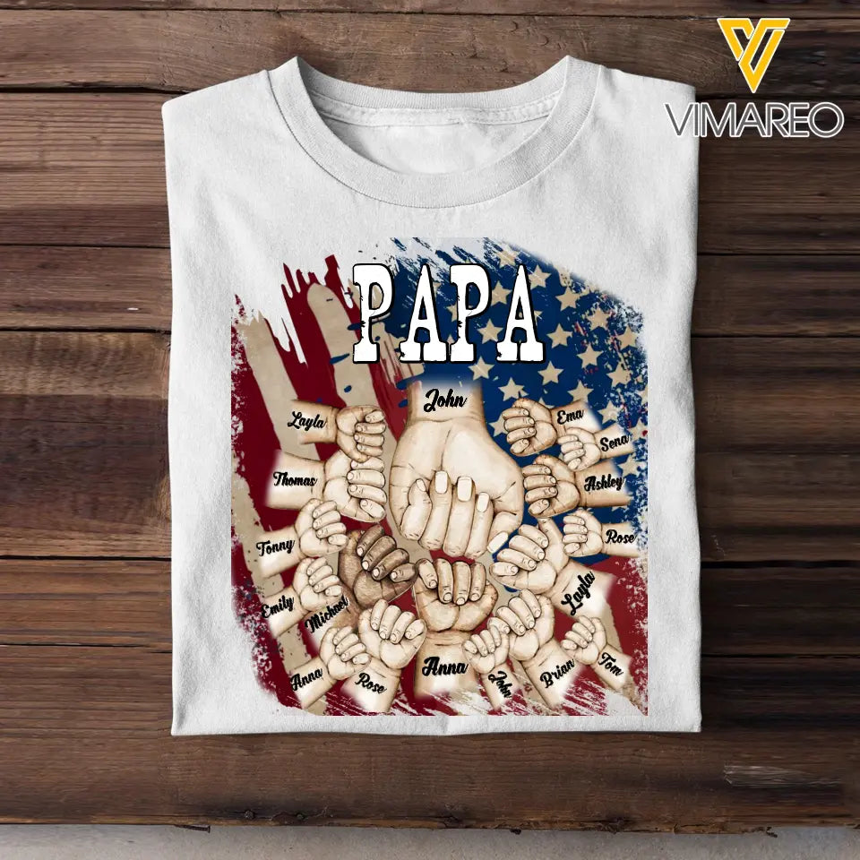 Personalized Papa US Flag Background Hands With Kid Name Printed Tshirts 23APR-TB20