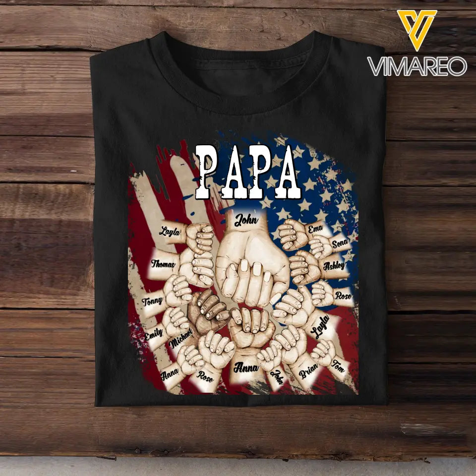 Personalized Papa US Flag Background Hands With Kid Name Printed Tshirts 23APR-TB20