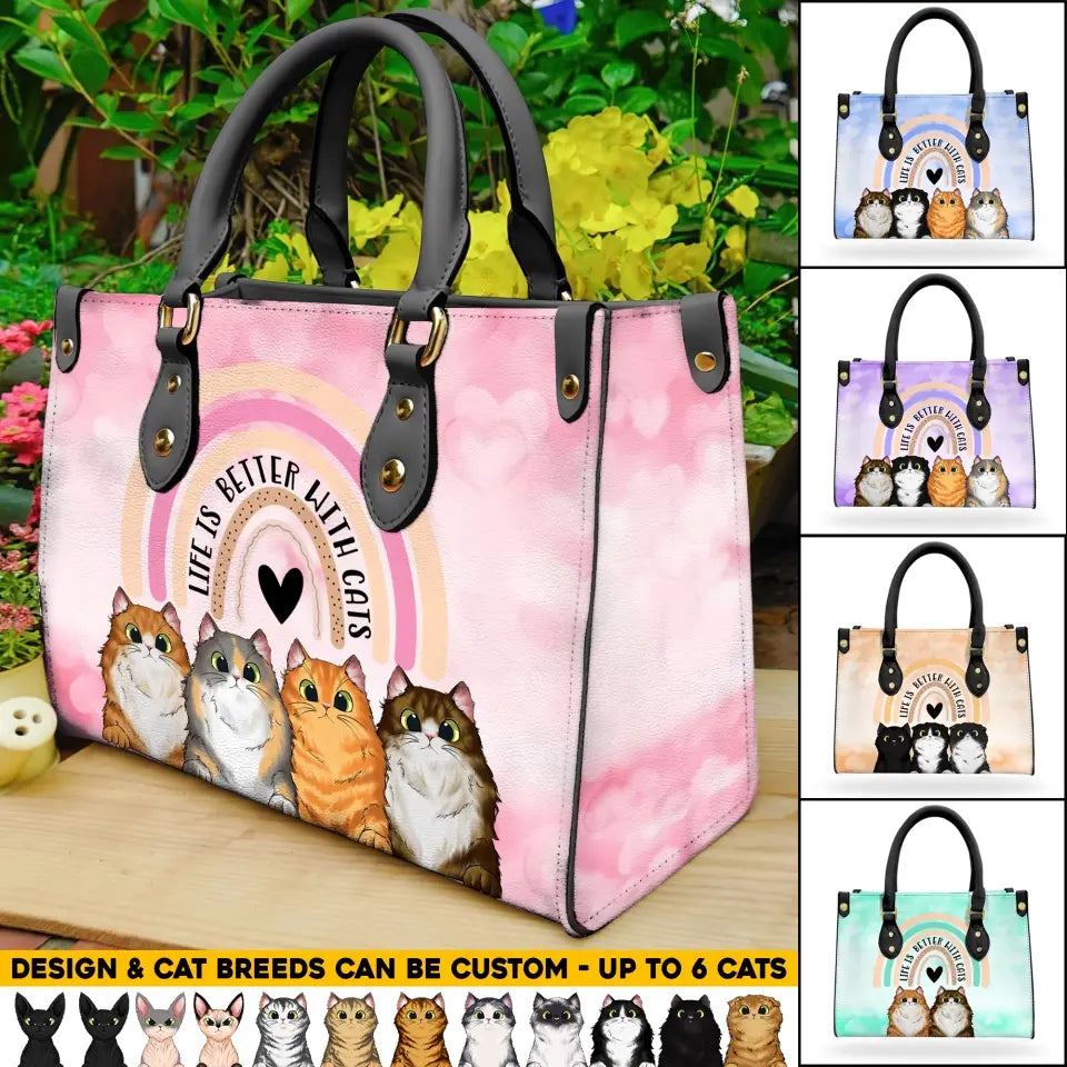 Personalized Life Is Better With Cats Leather Bag Printed PNHQ2104