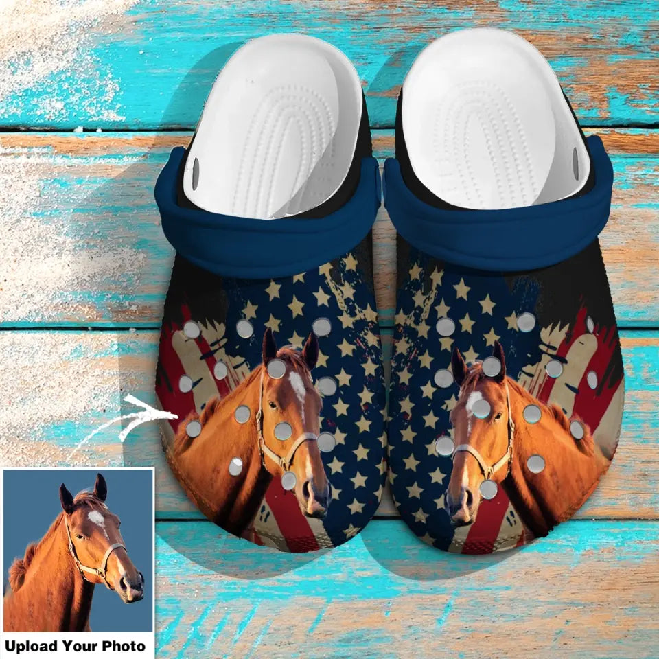 Personalized Upload Your Horse Photo US Flag Clog Slipper Shoes Printed 23APR-PN21