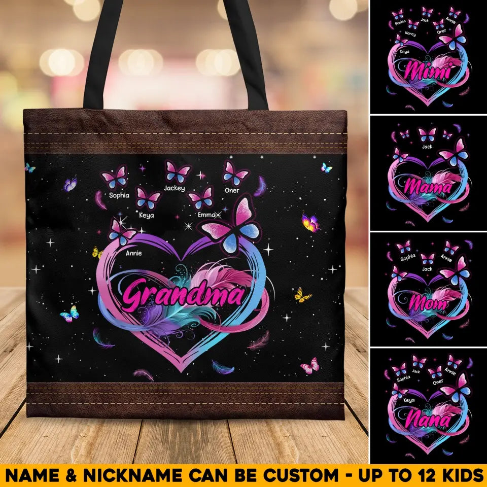 Personalized Grandma Pink Heart Butterflies Kid Name Tote Bag Printed PNHQ2404