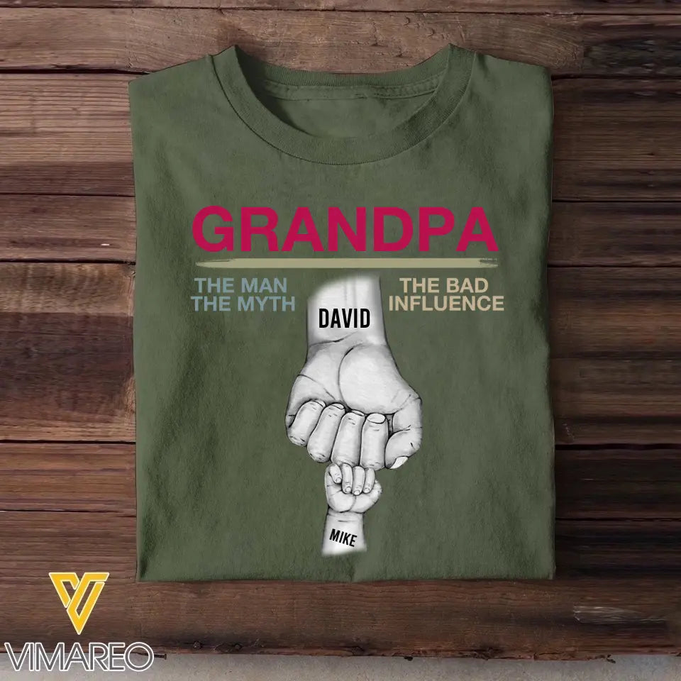 Personalized Grandpa The Man The Myth The Bad Influence Hand Kid Name Gift for Father for Dad Tshirt PNTB2504