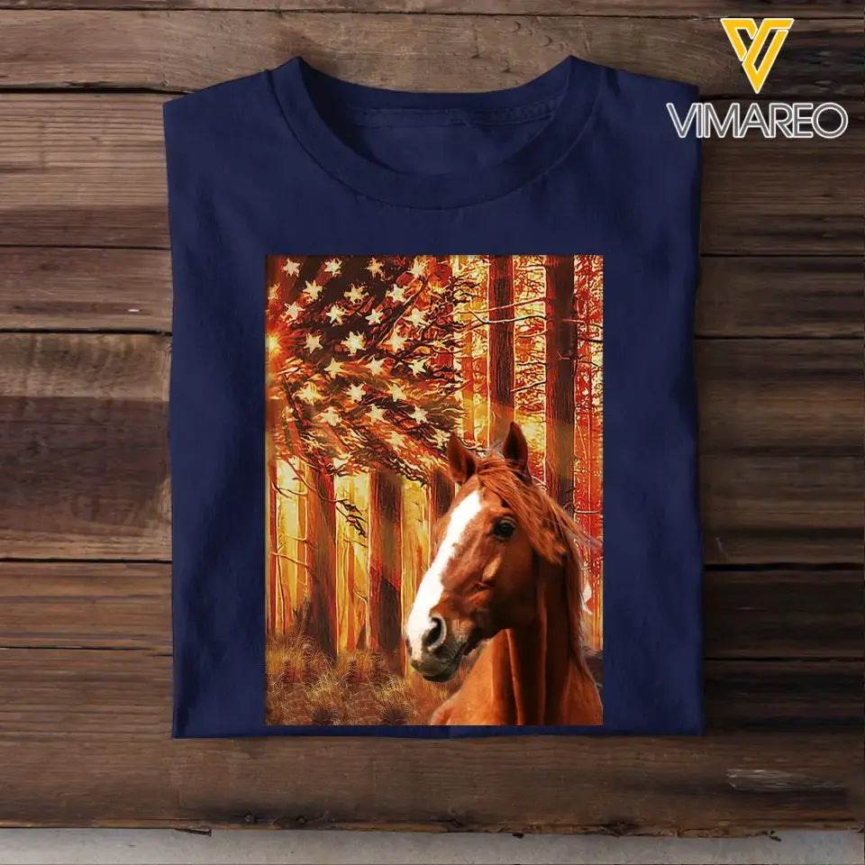 Personalized Upload Your Horse Photo US Flag Tshirt Printed QTTB0605