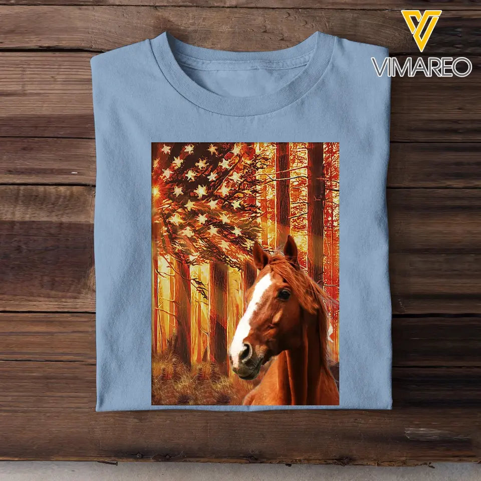 Personalized Upload Your Horse Photo US Flag Tshirt Printed QTTB0605