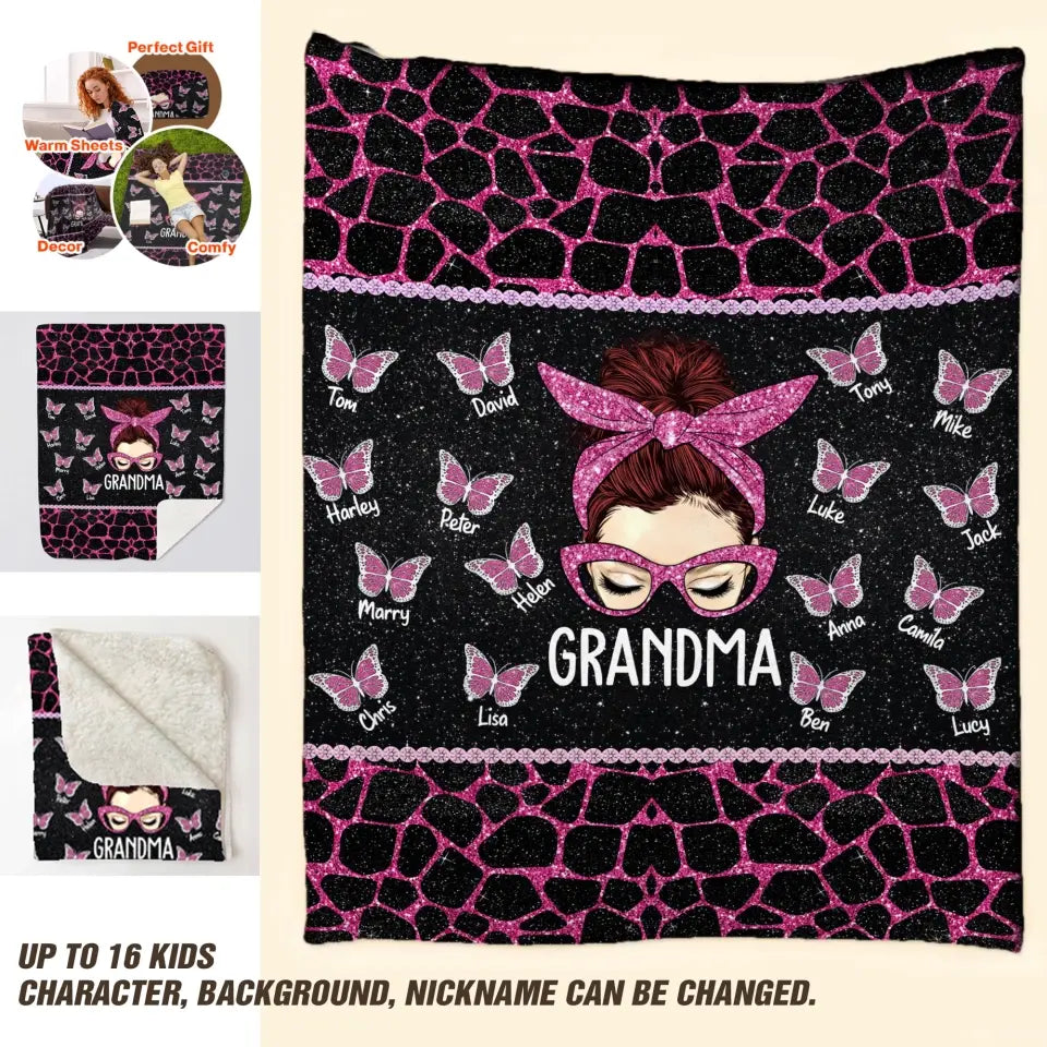 Personalized Grandma Butterflies with Kid Name Quilt Blanket Printed PNTB0905