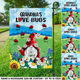 Personalized Grandma's Love Bugs Gnome with Kid Name Garden Flag Printed QTHQ1105