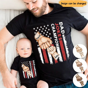 Personalized Dad Jokes Champion Couple Dad And Son Hand With Name TShirt Or Baby Onesie QTPN1205