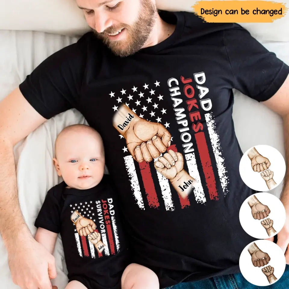 Personalized Dad Jokes Champion Couple Dad And Son Hand With Name TShirt Or Baby Onesie QTPN1205