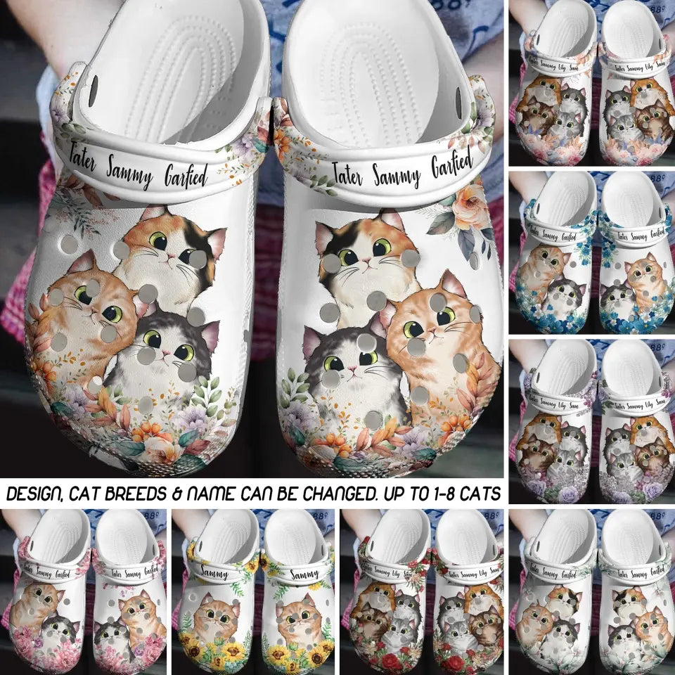 Personalized Flowers Cats with Name Cat Lovers Gift Clog Slipper Shoes Printed 23APR-DT16