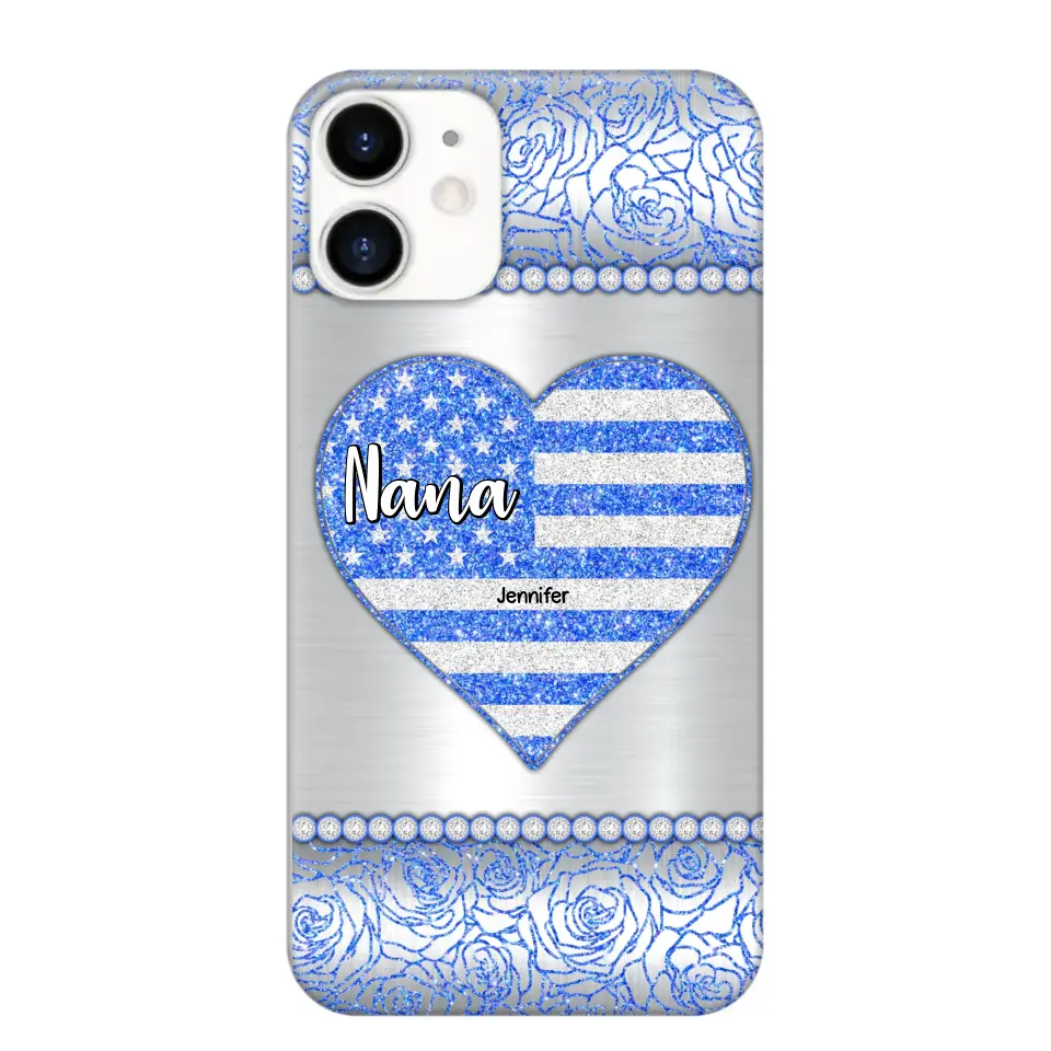 Personalized Grandma with Kid Name Heart US Flag Background Phonecase Printed PNDT2205