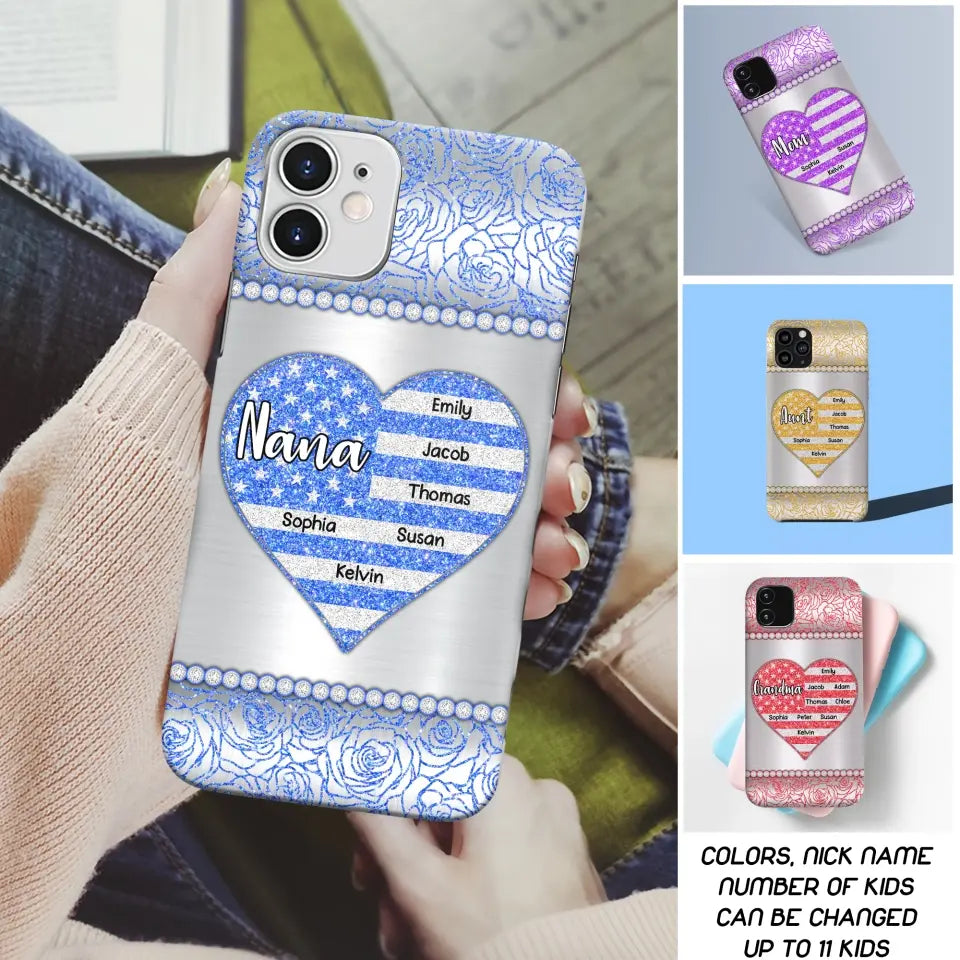 Personalized Grandma with Kid Name Heart US Flag Background Phonecase Printed PNDT2205