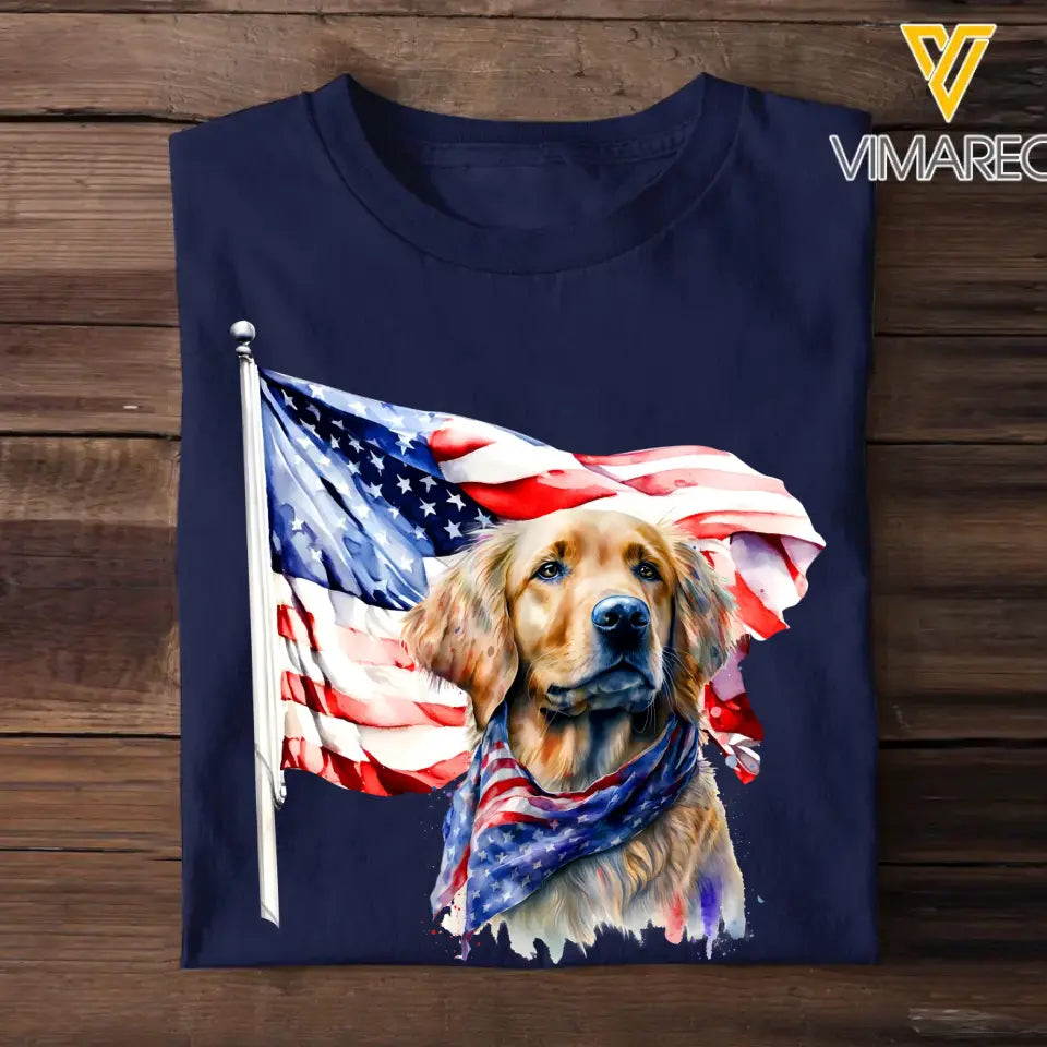 Happy Independence Day Golden Retriever Lover Tshirt With Watercolor Art Design