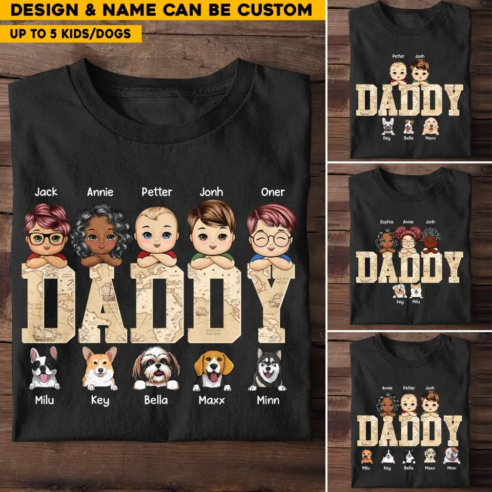 Personalized Daddy Kids & Dogs Gift for Dad Lovers Dog Gift T-Shirt Printed PNHQ2505