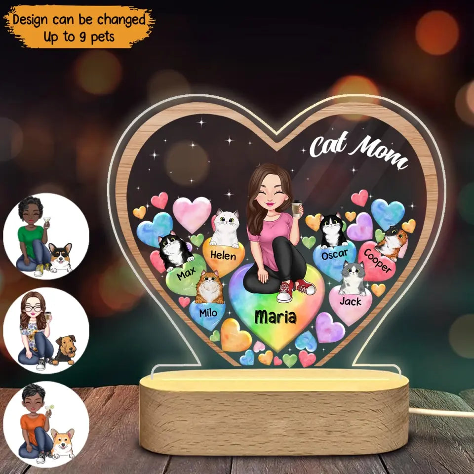 Personalized Cat Mom Hearts with Cat Names Cat Lovers Gift Led Lamp Printed PNPN2705