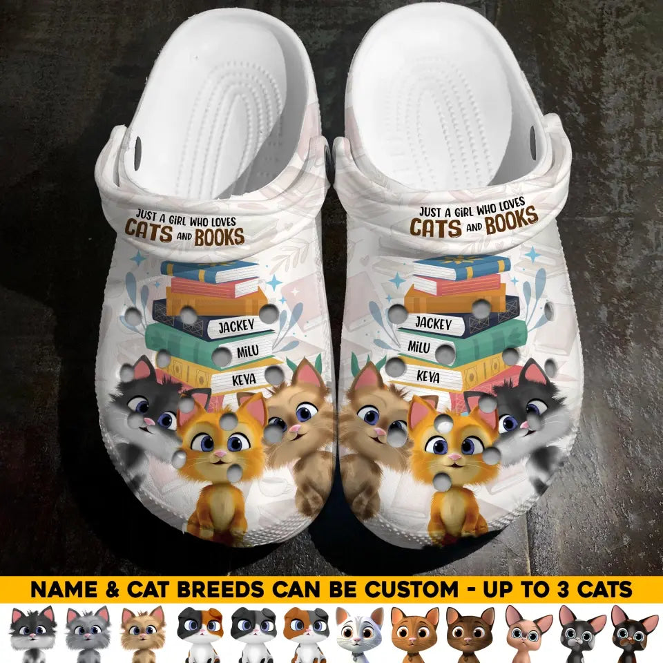 Personalized Just A Girl Who Loves Cat And Books Cat Lovers Gift Clog Slipper Shoes Printed PNHQ0106