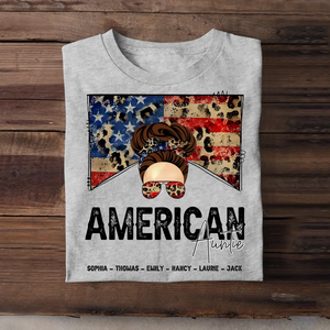 Personalized American Mom Aunt Grandma Leopard Flag Tshirt Printed QTDT0506