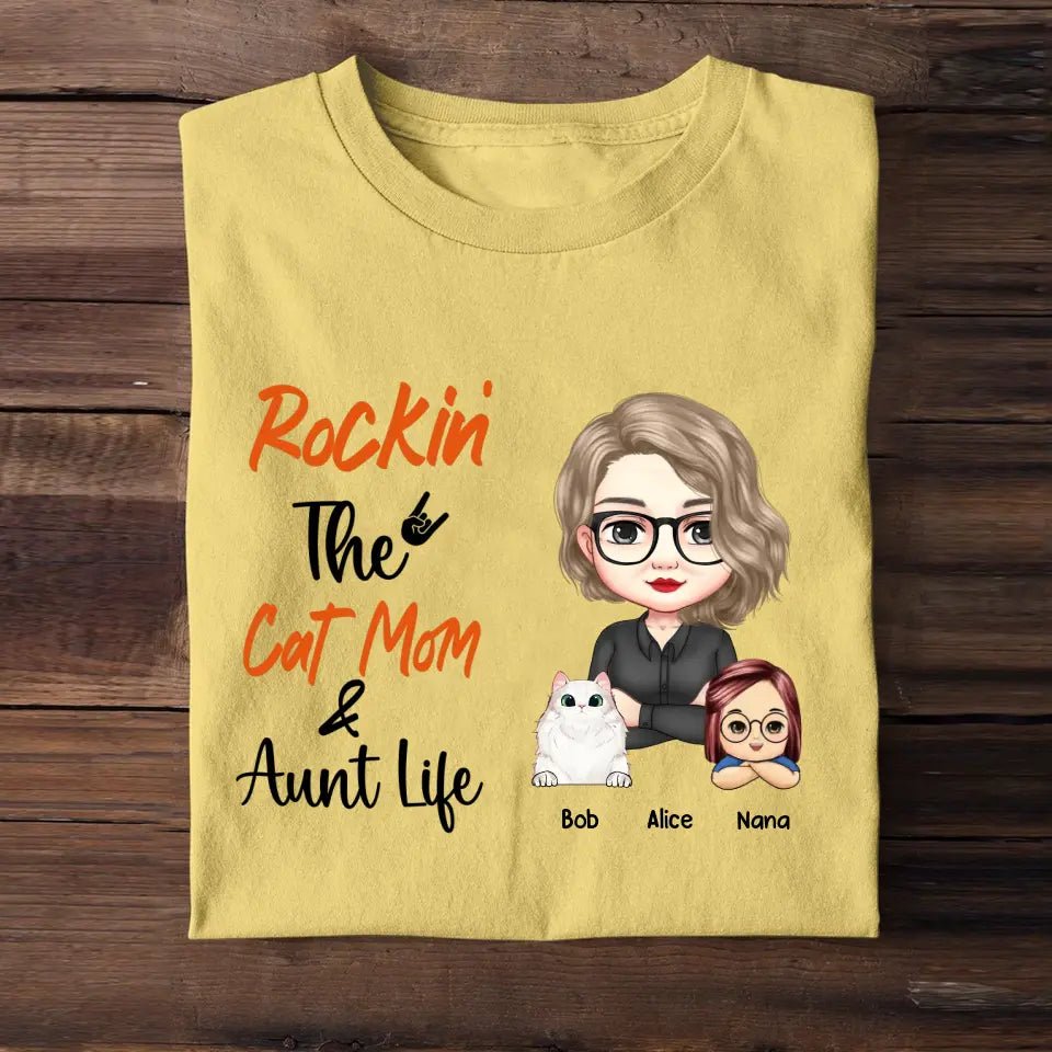 Personalized Rockin The Cat/Dog Mom & Aunt Life T-shirt Printed 23JUN-PTN01