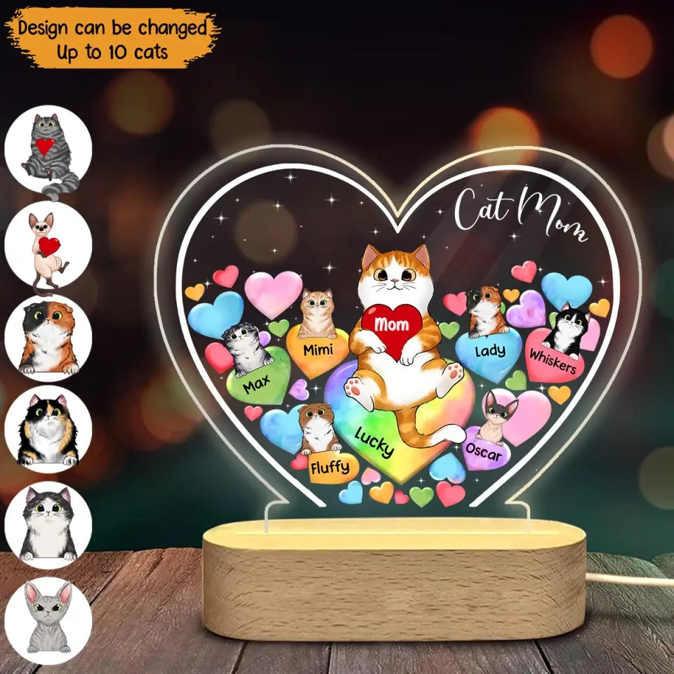 Personalized Cat Mom Hearts with Cat Names Cat Lovers Gift Led Lamp Printed MTPN0606