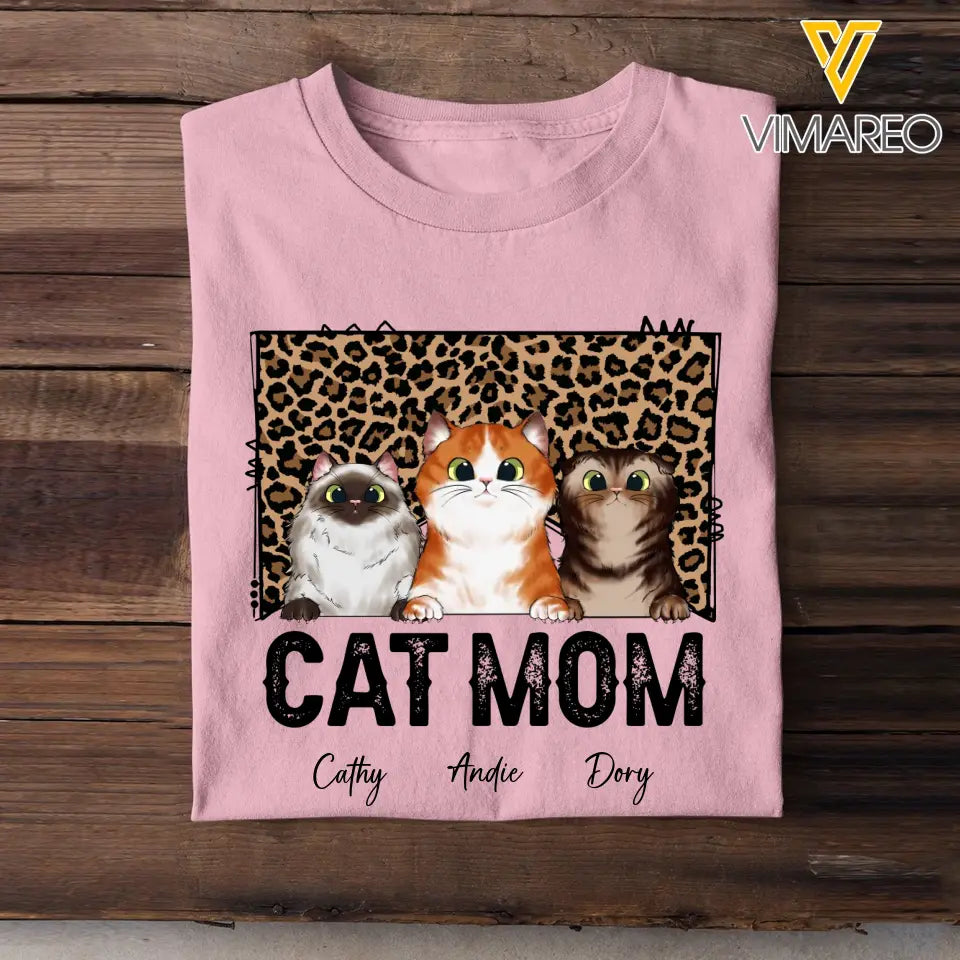 Personalized Cat Mom Leopard Background Cat Lovers T-shirt Printed 23JUN-HQ09