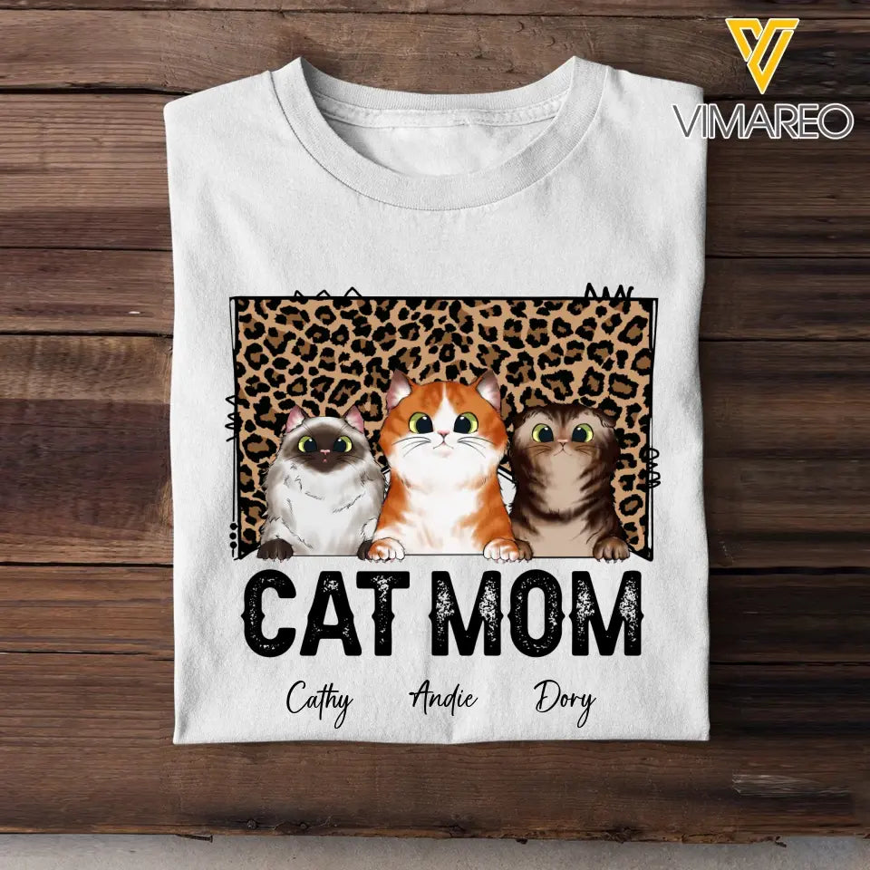 Personalized Cat Mom Leopard Background Cat Lovers T-shirt Printed 23JUN-HQ09