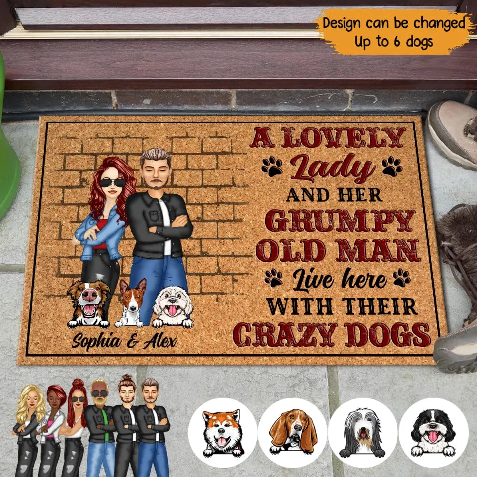 Personalized A Lovely Lady And Her Grumpy Old man Live Here With Their Crazy Dogs Dogs Lovers Doormat Printed QTPN0906