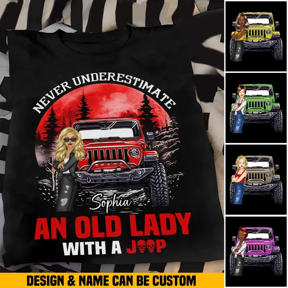 Personalized Red Moon Never Underestimate An Old Lady With A Jeep Cool Lady Chibi 2D Tshirt