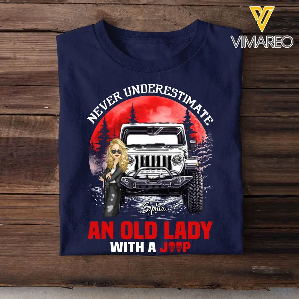 Personalized Red Moon Never Underestimate An Old Lady With A Jeep Cool Lady Chibi 2D Tshirt