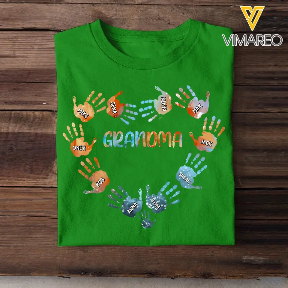 Personalized Grandma Hand with Kid Name T-shirt Printed 23JUN-TB21