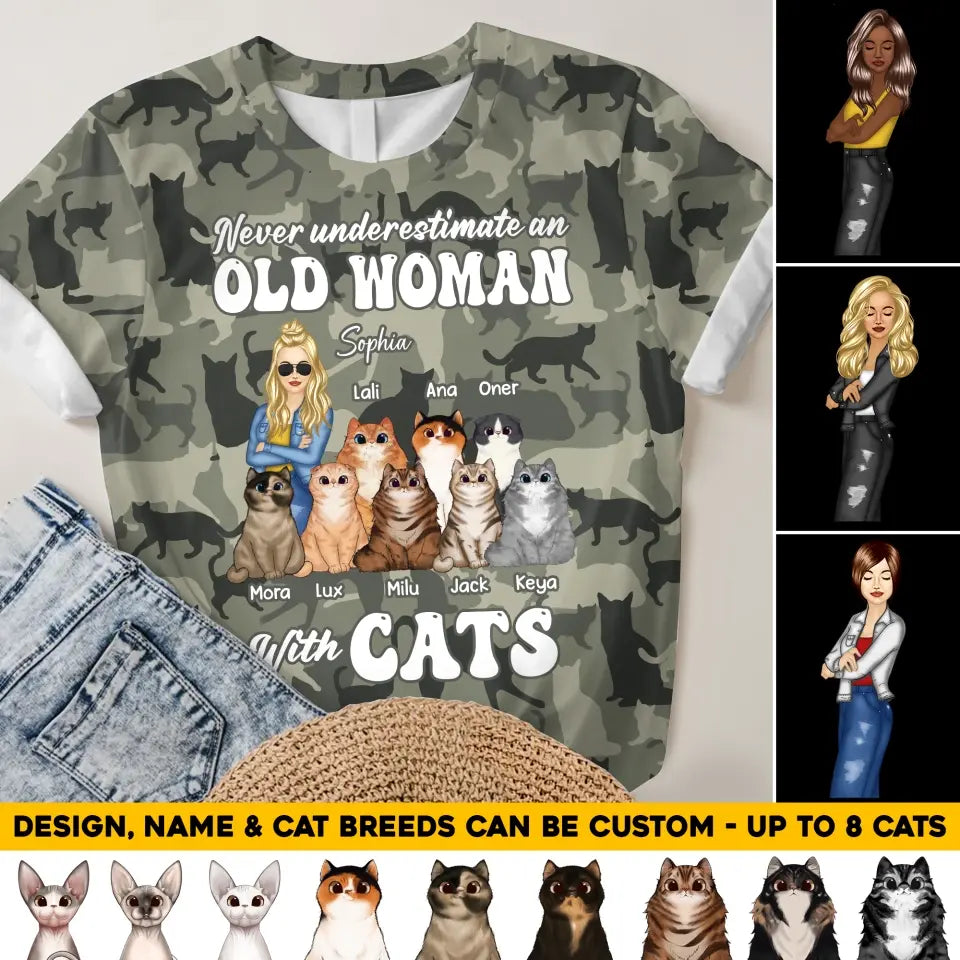 Personalzied Never Underestimate An Old Woman With Cats 3D TShirt Printed MTHQ2306