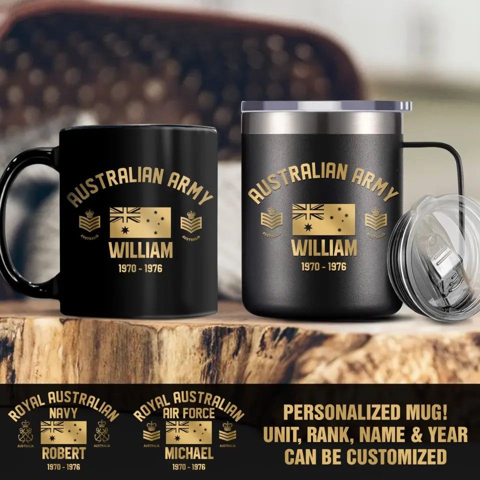 Personalized Australian Veteran/Soldier Rank Camo with Name Black Mug Printed 23JUN-DT26