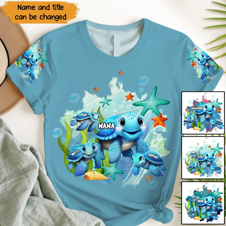 Personalized Turtles In The Ocean Grandma with Kid Names 3D T-Shirt Printed MTHHN2706