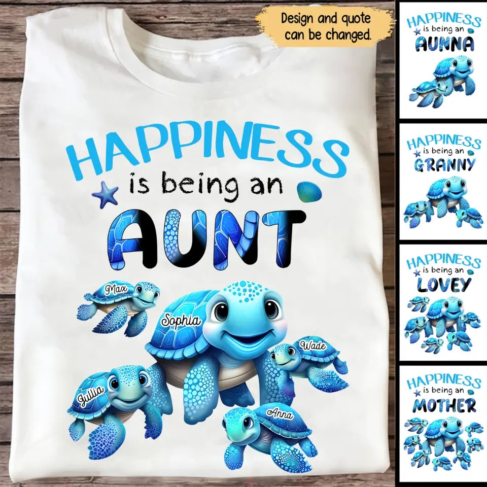 Personalized Happiness Is Being An Aunt Mom Grandma Cute Turttle Chibi Custom Name Kids 2D Print Tshirt