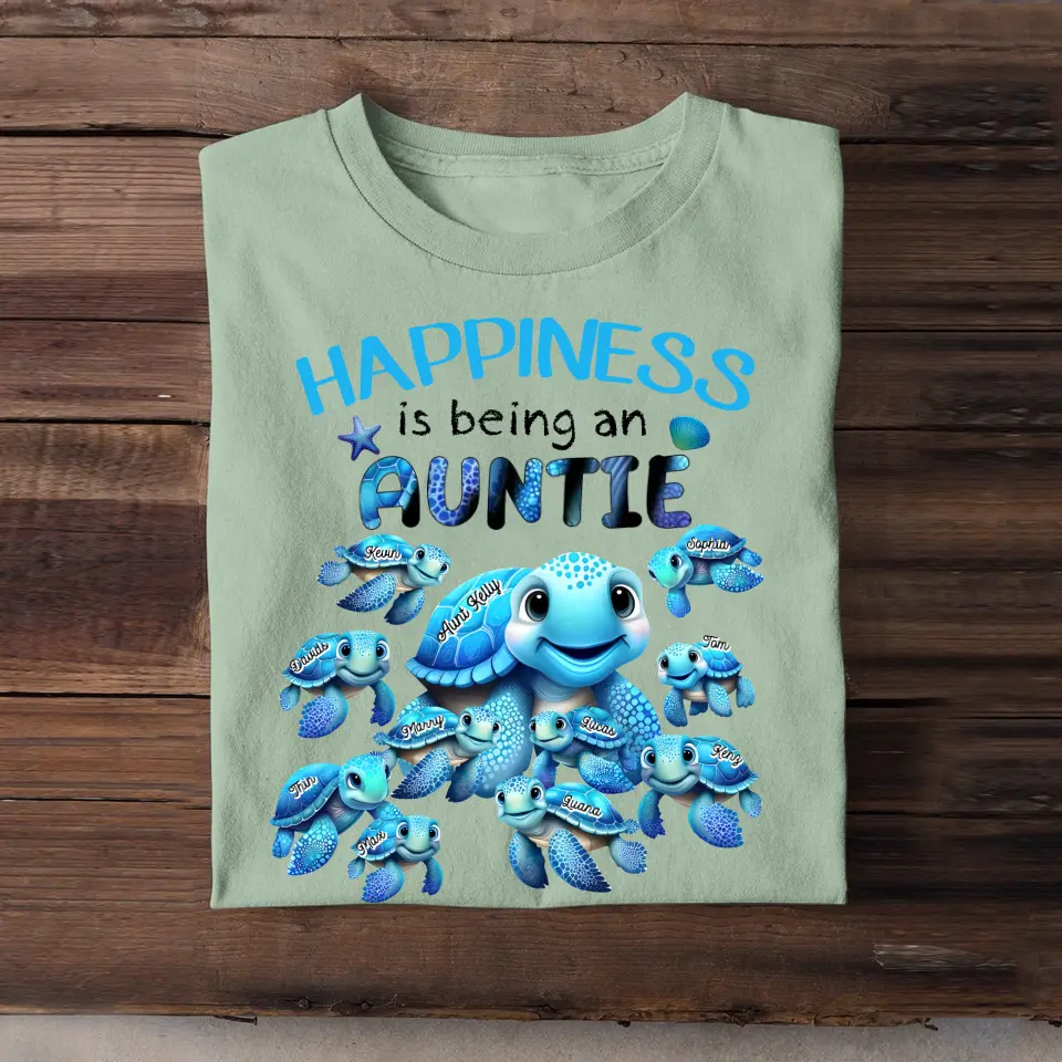 Personalized Happiness Is Being An Aunt Mom Grandma Cute Turttle Chibi Custom Name Kids 2D Print Tshirt